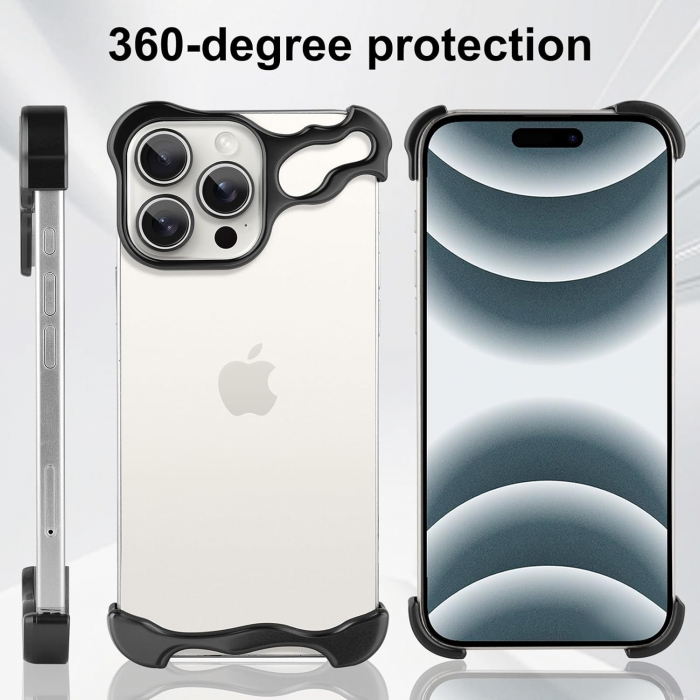 Husa Metalica Compatibila cu iPhone 16 Pro, Flippy, Protectie pentru Colturile Telefonului si Camera, Aliaj, Antisoc, Antizgariere, Negru [5]