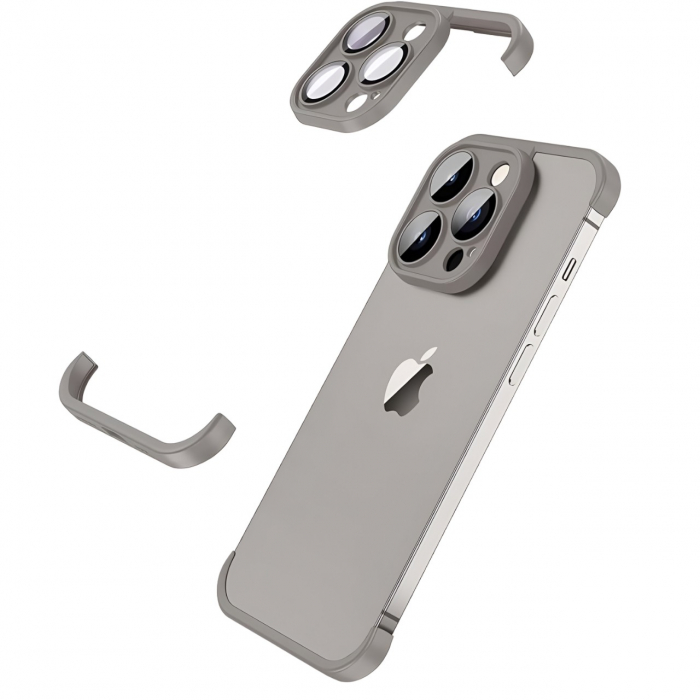 Husa Metalica Edgeless Compatibila cu iPhone 15, Flippy, Protectie pentru Colturi si Camera, Aliaj, Antisoc, Antizgariere, Gri Mat [1]