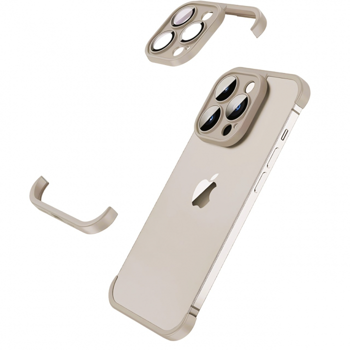 Husa Metalica Edgeless Compatibila cu iPhone 15 Pro, Flippy, Protectie pentru Colturi si Camera, Aliaj, Antisoc, Antizgariere, Gri Metalizat [1]