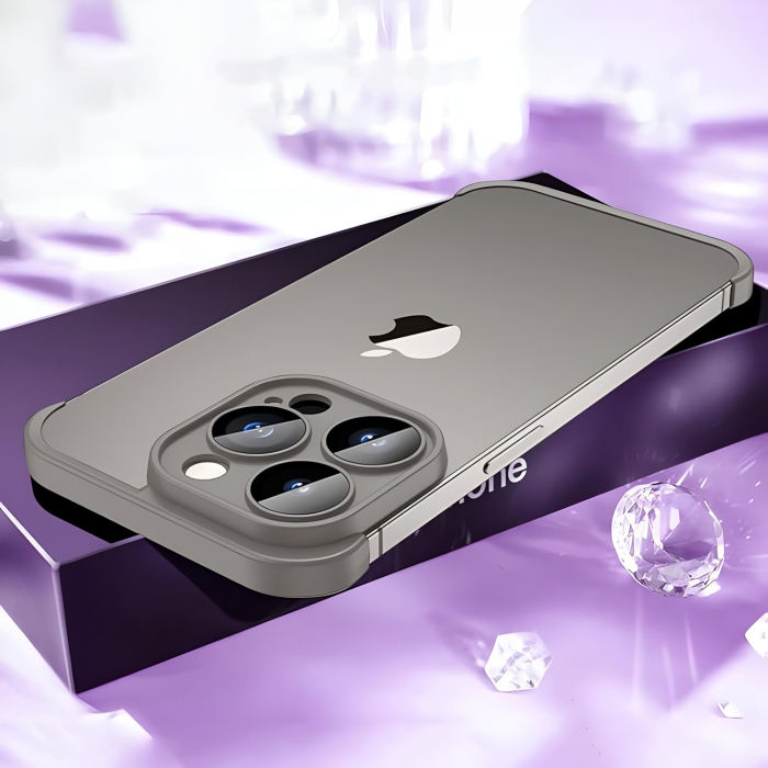 Husa Metalica Edgeless Compatibila cu iPhone 15 Pro Max, Flippy, Protectie pentru Colturi si Camera, Aliaj, Antisoc, Antizgariere, Gri Mat [3]
