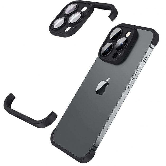 Husa Metalica Edgeless Compatibila cu iPhone 15 Pro Max, Flippy, Protectie pentru Colturi si Camera, Aliaj, Antisoc, Antizgariere, Negru Metalizat [1]