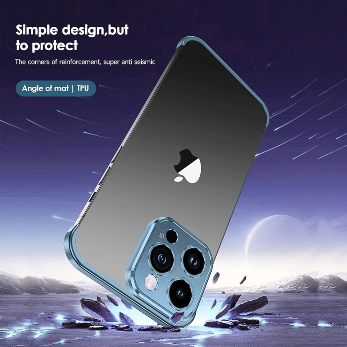 Husa Metalica Edgeless Compatibila cu iPhone 16, Flippy, Protectie pentru Colturi si Camera, Aliaj Aluminiu, Antisoc, Antizgariere, Albastru [8]