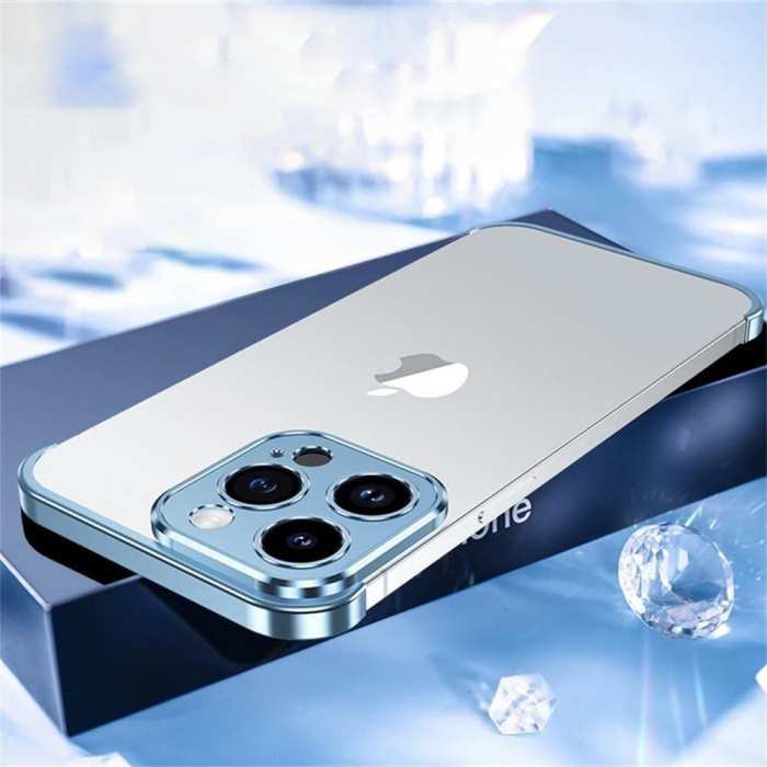 Husa Metalica Edgeless Compatibila cu iPhone 16, Flippy, Protectie pentru Colturi si Camera, Aliaj Aluminiu, Antisoc, Antizgariere, Albastru [3]