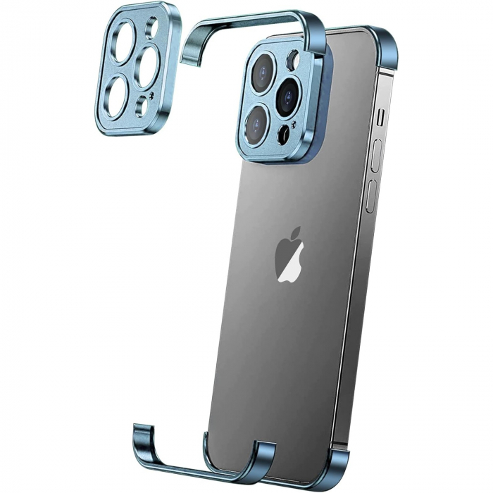 Husa Metalica Edgeless Compatibila cu iPhone 16, Flippy, Protectie pentru Colturi si Camera, Aliaj Aluminiu, Antisoc, Antizgariere, Albastru [1]