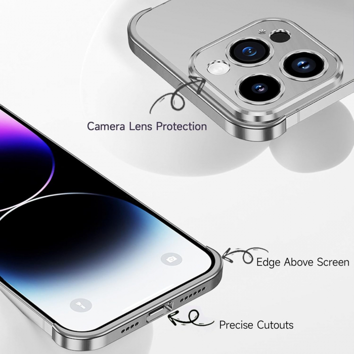 Husa Metalica Edgeless Compatibila cu iPhone 16 Plus, Flippy, Protectie pentru Colturi si Camera, Aliaj Aluminiu, Antisoc, Antizgariere, Argintiu Titan [6]