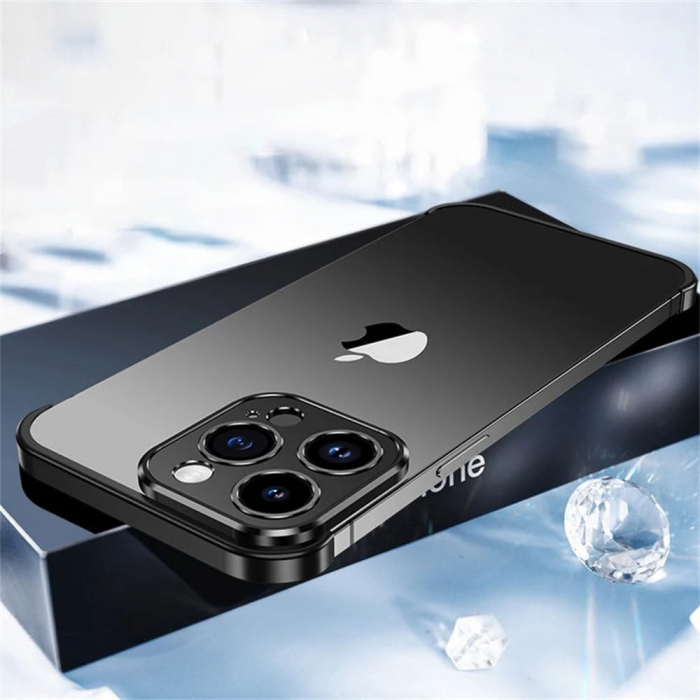 Husa Metalica Edgeless Compatibila cu iPhone 16 Plus, Flippy, Protectie pentru Colturi si Camera, Aliaj Aluminiu, Antisoc, Antizgariere, Negru [3]