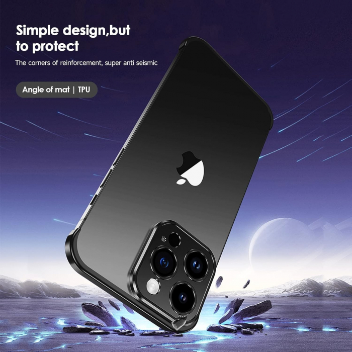 Husa Metalica Edgeless Compatibila cu iPhone 16 Plus, Flippy, Protectie pentru Colturi si Camera, Aliaj Aluminiu, Antisoc, Antizgariere, Negru [8]