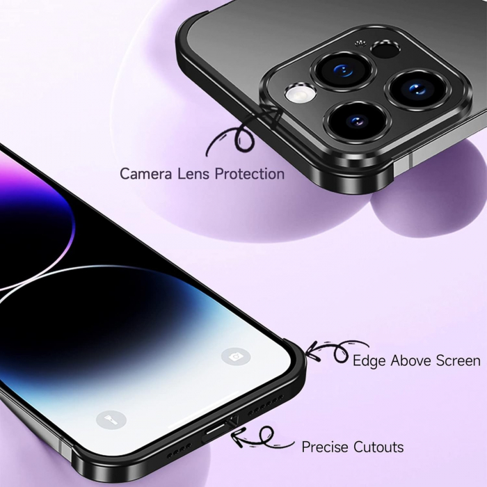 Husa Metalica Edgeless Compatibila cu iPhone 16 Plus, Flippy, Protectie pentru Colturi si Camera, Aliaj Aluminiu, Antisoc, Antizgariere, Negru [7]