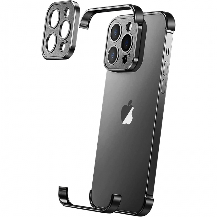 Husa Metalica Edgeless Compatibila cu iPhone 16 Plus, Flippy, Protectie pentru Colturi si Camera, Aliaj Aluminiu, Antisoc, Antizgariere, Negru [1]