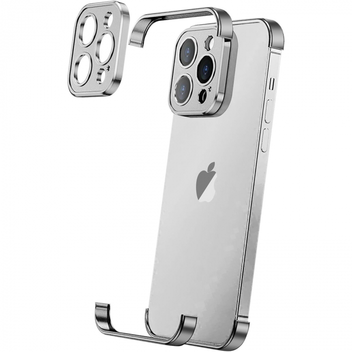 Husa Metalica Edgeless Compatibila cu iPhone 16 Pro Max, Flippy, Protectie pentru Colturi si Camera, Aliaj Aluminiu, Antisoc, Antizgariere, Argintiu Titan [1]