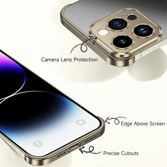 Husa Metalica Edgeless Compatibila cu iPhone 16 Pro Max, Flippy, Protectie pentru Colturi si Camera, Aliaj Aluminiu, Antisoc, Antizgariere, Auriu [6]