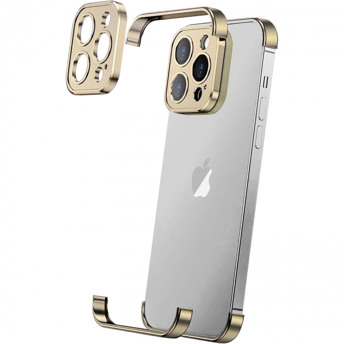 Husa Metalica Edgeless Compatibila cu iPhone 16 Pro Max, Flippy, Protectie pentru Colturi si Camera, Aliaj Aluminiu, Antisoc, Antizgariere, Auriu [1]