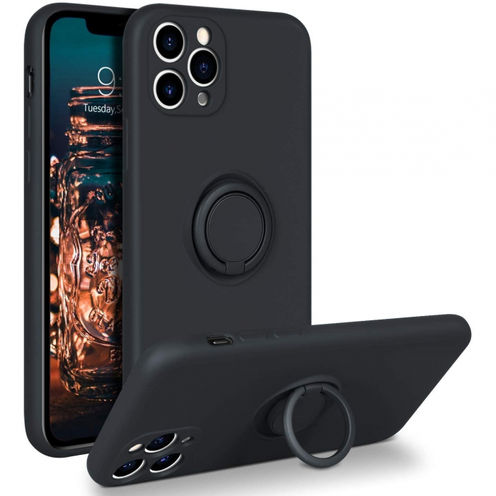 Husa protectie Flippy compatibila cu Apple iPhone 11 Pro Liquid Silicone Ring cu suport rotativ Negru [1]