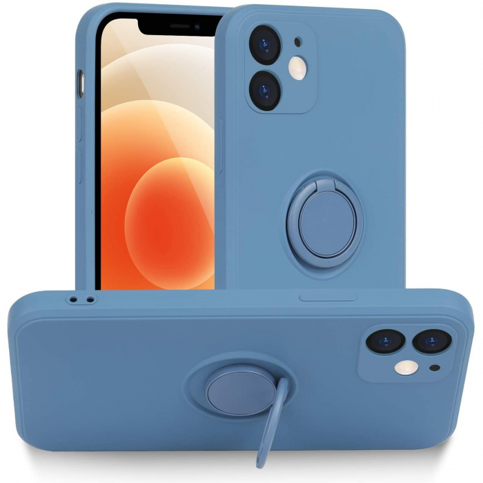 Husa protectie Flippy compatibila cu Apple iPhone 12 Liquid Silicone Ring cu suport rotativ Albastru deschis [1]