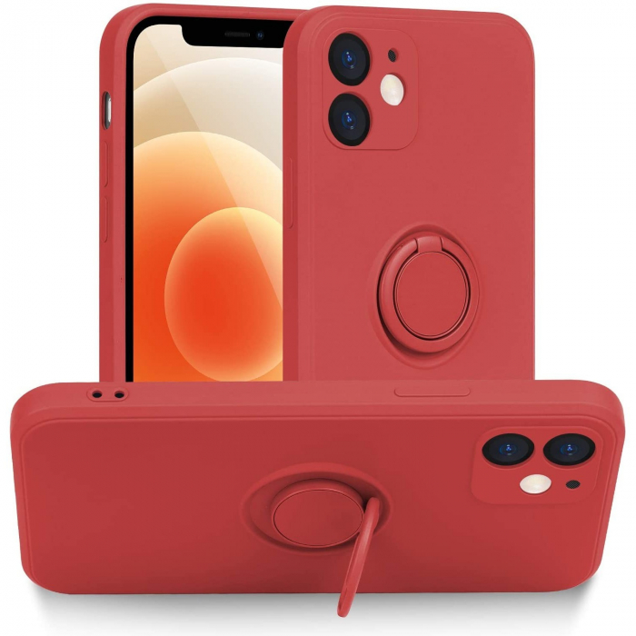 Husa protectie Flippy compatibila cu Apple iPhone 12 Liquid Silicone Ring cu suport rotativ Rosu [9]