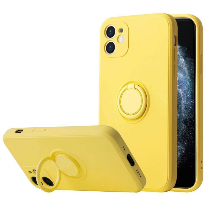 Husa protectie Flippy compatibila cu Apple iPhone 12 Mini Liquid Silicone Ring cu suport rotativ Galben [4]