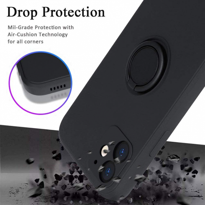 Husa protectie Flippy compatibila cu Apple iPhone 12 Mini Liquid Silicone Ring cu suport rotativ Negru [2]