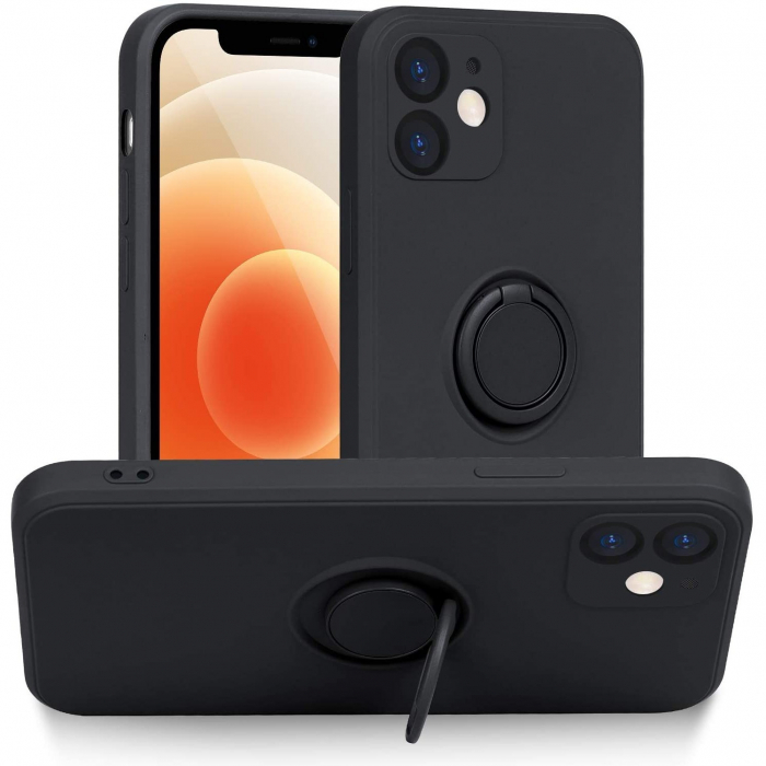 Husa protectie Flippy compatibila cu Apple iPhone 12 Mini Liquid Silicone Ring cu suport rotativ Negru [7]