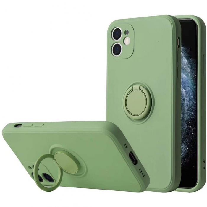 Husa protectie Flippy compatibila cu Apple iPhone 12 Mini Liquid Silicone Ring cu suport rotativ Verde [5]