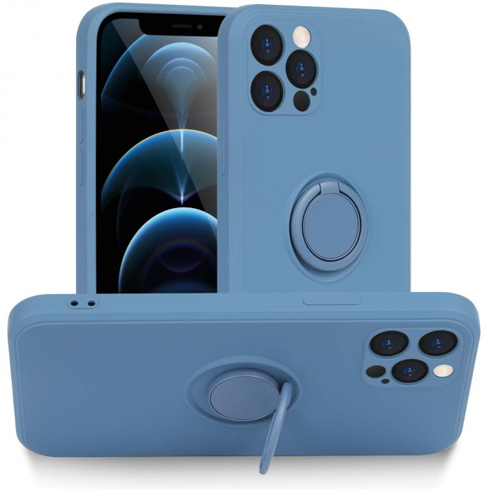 Husa protectie Flippy compatibila cu Apple iPhone 12 Pro Liquid Silicone Ring cu suport rotativ Albastru [8]