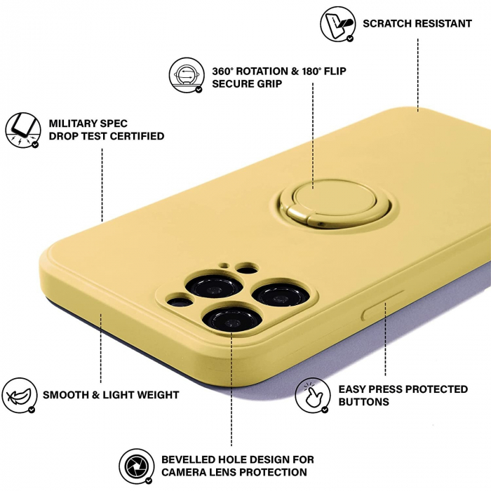 Husa protectie Flippy compatibila cu Apple iPhone 12 Pro Liquid Silicone Ring cu suport rotativ Galben [6]