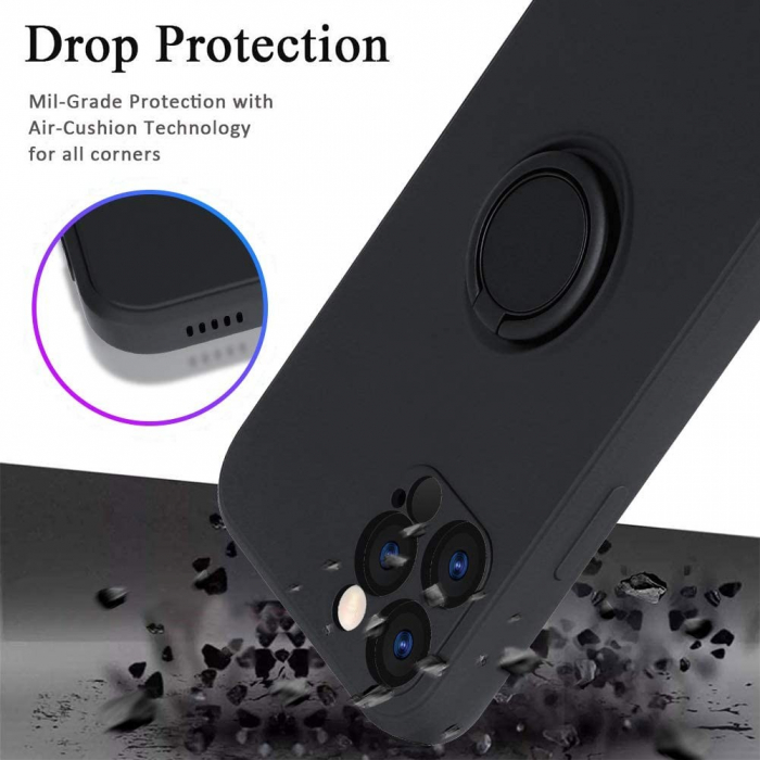 Husa protectie Flippy compatibila cu Apple iPhone 12 Pro Liquid Silicone Ring cu suport rotativ Negru [3]