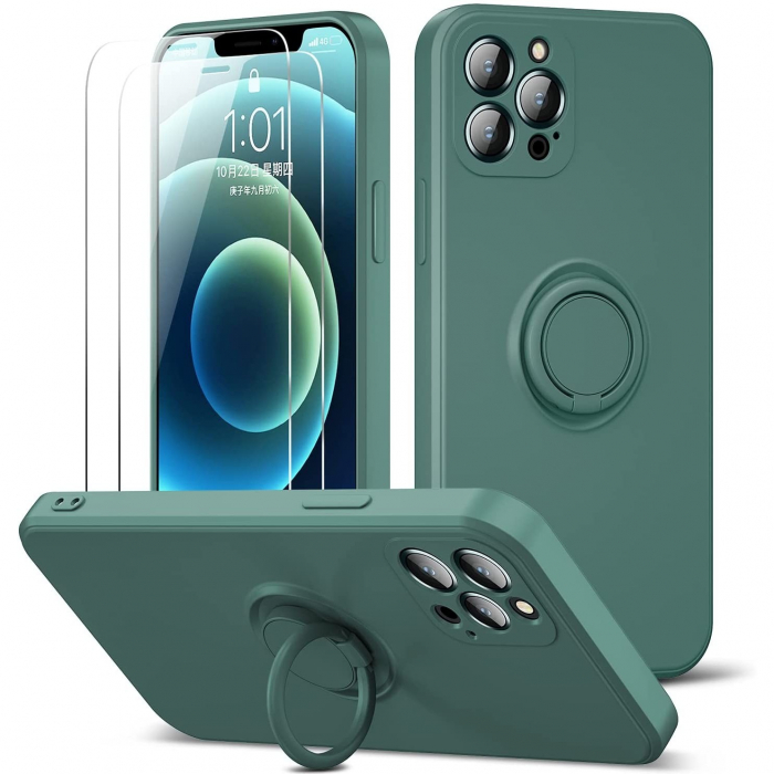 Husa protectie Flippy compatibila cu Apple iPhone 12 Pro Liquid Silicone Ring cu suport rotativ Verde [9]