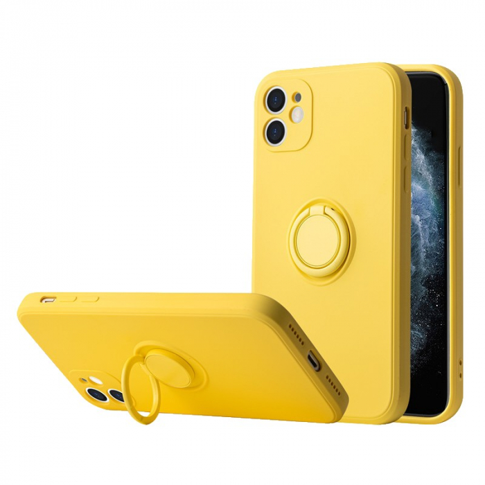 Husa protectie Flippy compatibila cu Apple iPhone 13 Liquid Silicone Ring cu suport rotativ Galben [4]