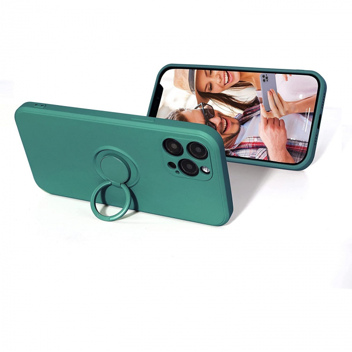 Husa protectie Flippy compatibila cu Apple iPhone 13 Liquid Silicone Ring cu suport rotativ Verde [7]