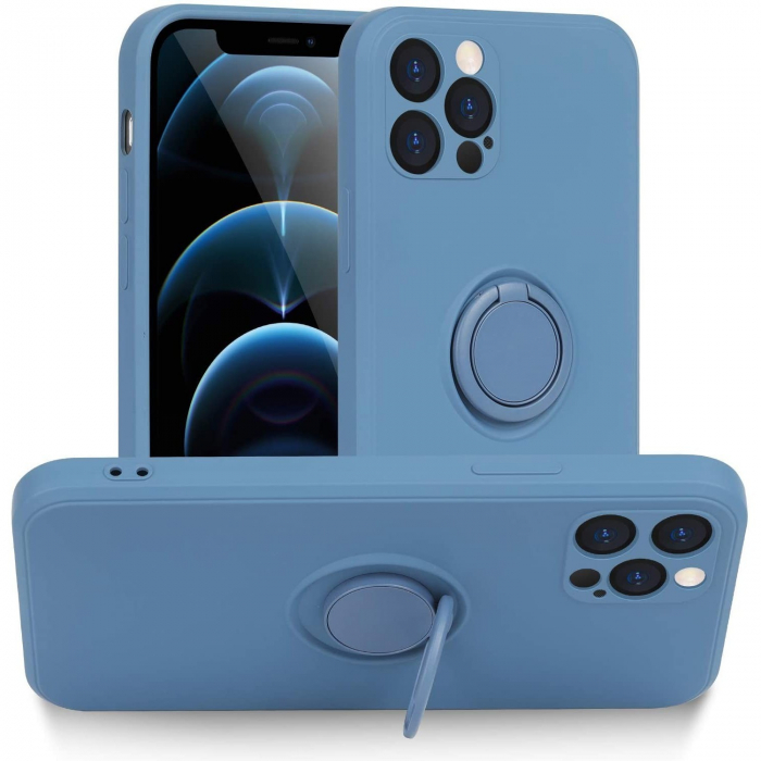 Husa protectie Flippy compatibila cu Apple iPhone 13 Pro Liquid Silicone Ring cu suport rotativ Albastru deschis [2]