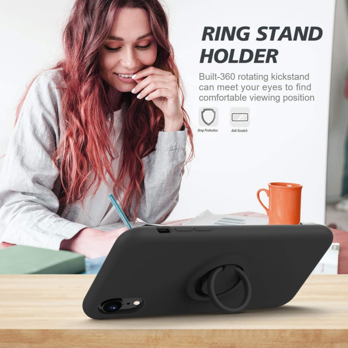 Husa protectie Flippy compatibila cu Apple iPhone XR Liquid Silicone Ring cu suport rotativ Negru [8]