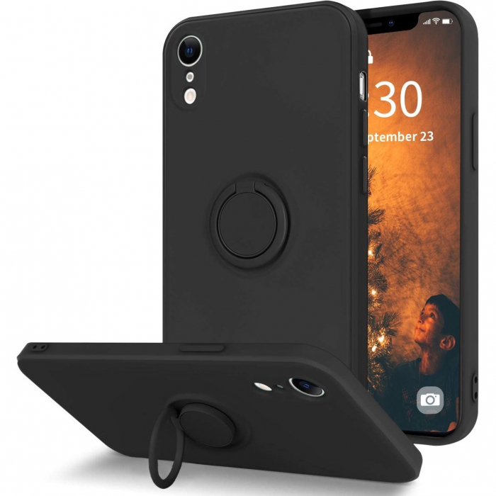 Husa protectie Flippy compatibila cu Apple iPhone XR Liquid Silicone Ring cu suport rotativ Negru [1]