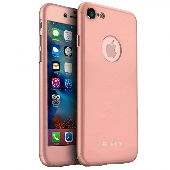 Husa protectile Flippy Premium Full Cover 360 pentru Apple iPhone 8, Roz Auriu cu Folie Sticla inclusa [1]