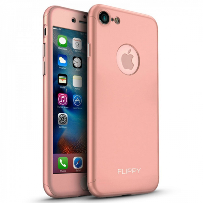 Husa protectile Flippy Premium Full Cover 360 pentru Apple iPhone 8, Roz Auriu cu Folie Sticla inclusa [2]