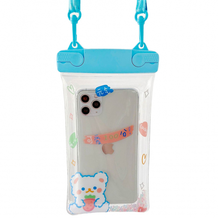 Husa subacvatica Fruity Waterproof Flippy, Snowproof, Universala, Impermeabila, cu Snur, pentru telefon sau documente, Berry Bear, Albastru [1]