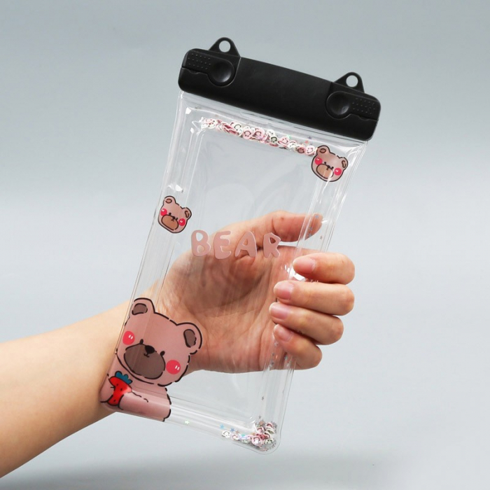 Husa subacvatica Fruity Waterproof Flippy, Snowproof, Universala, Impermeabila, cu Snur, pentru telefon sau documente, Berry Bear, Negru [6]