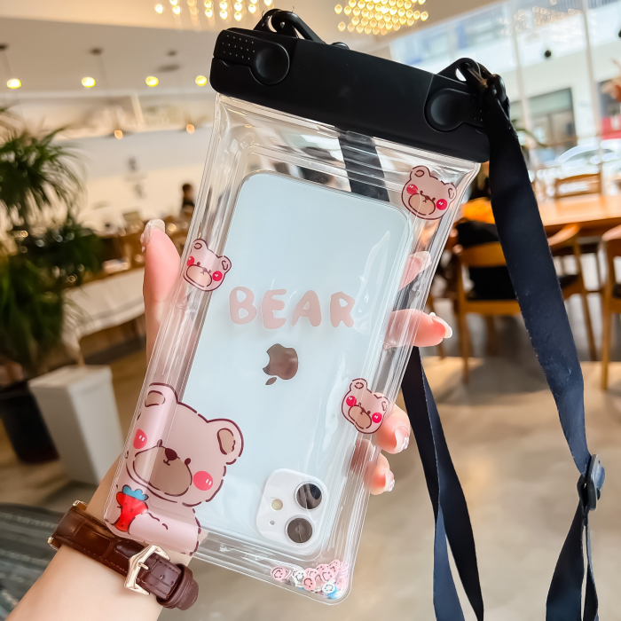 Husa subacvatica Fruity Waterproof Flippy, Snowproof, Universala, Impermeabila, cu Snur, pentru telefon sau documente, Berry Bear, Negru [2]
