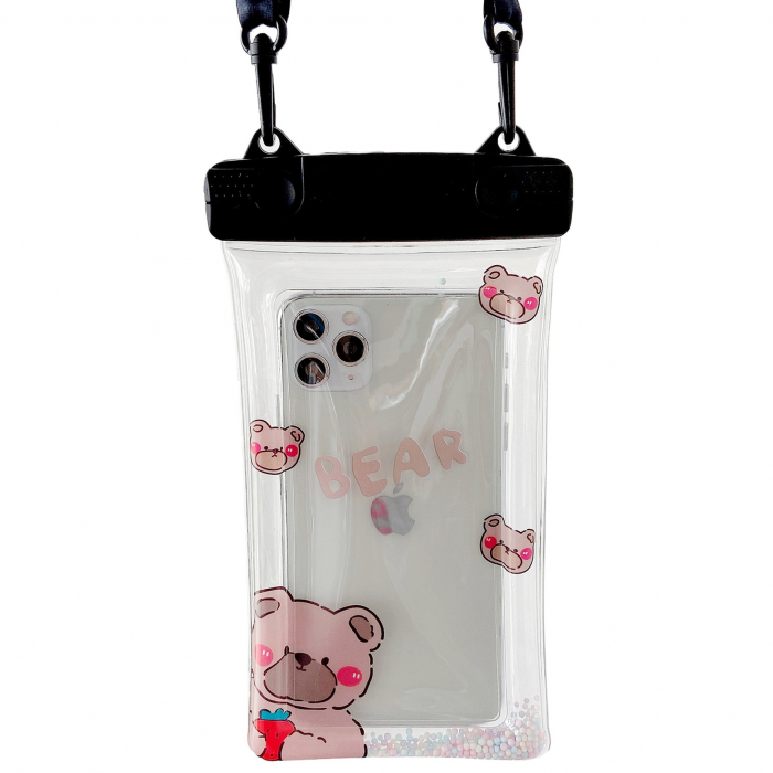 Husa subacvatica Fruity Waterproof Flippy, Snowproof, Universala, Impermeabila, cu Snur, pentru telefon sau documente, Berry Bear, Negru [1]