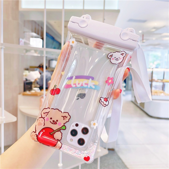 Husa subacvatica Fruity Waterproof Flippy, Snowproof, Universala, Impermeabila, cu Snur, pentru telefon sau documente, Cherry Bear, Alb [3]