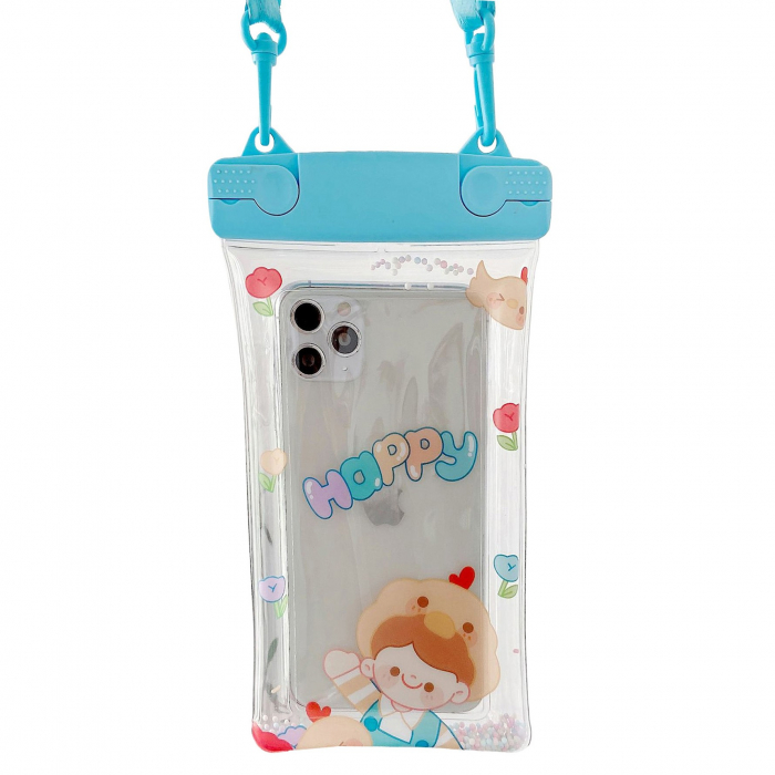 Husa subacvatica Fruity Waterproof Flippy, Snowproof, Universala, Impermeabila, cu Snur, pentru telefon sau documente, Happy Boy, Bleu [1]