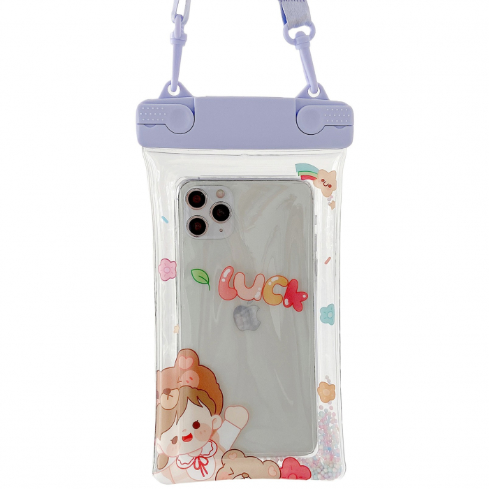 Husa subacvatica Fruity Waterproof Flippy, Snowproof, Universala, Impermeabila, cu Snur, pentru telefon sau documente, Lucky Girl, Mov [1]