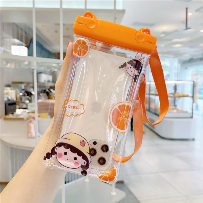 Husa subacvatica Fruity Waterproof Flippy, Snowproof, Universala, Impermeabila, cu Snur, pentru telefon sau documente, Orange Girl 2, Oranj [3]
