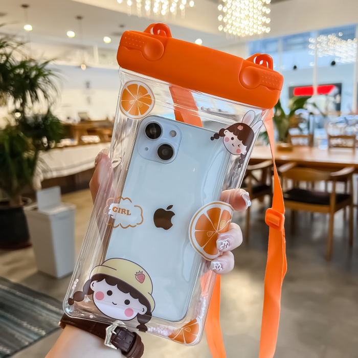 Husa subacvatica Fruity Waterproof Flippy, Snowproof, Universala, Impermeabila, cu Snur, pentru telefon sau documente, Orange Girl 2, Oranj [2]
