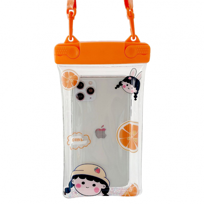 Husa subacvatica Fruity Waterproof Flippy, Snowproof, Universala, Impermeabila, cu Snur, pentru telefon sau documente, Orange Girl 2, Oranj [1]