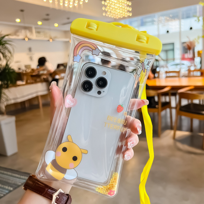 Husa subacvatica Glitter Kids Waterproof Flippy, Snowproof, Universala, cu Snur, pentru telefon sau documente, Bee, Galben [3]