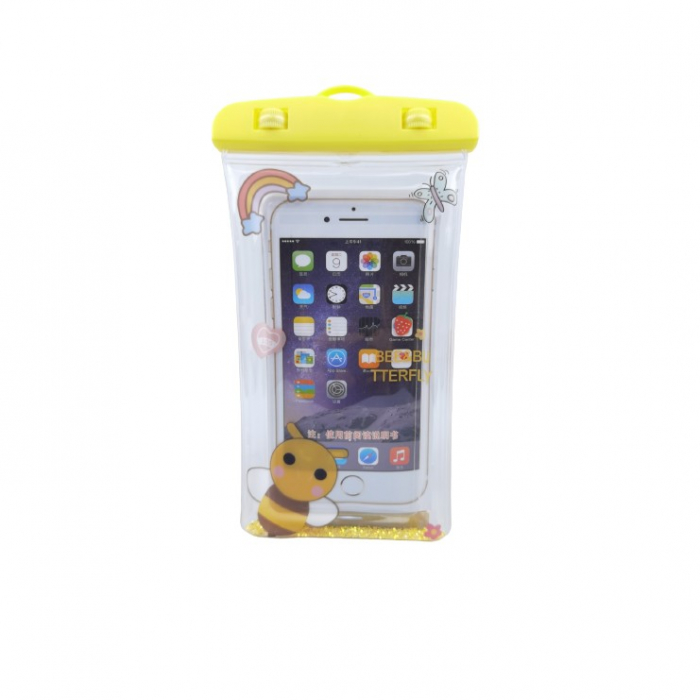 Husa subacvatica Glitter Kids Waterproof Flippy, Snowproof, Universala, cu Snur, pentru telefon sau documente, Bee, Galben [1]