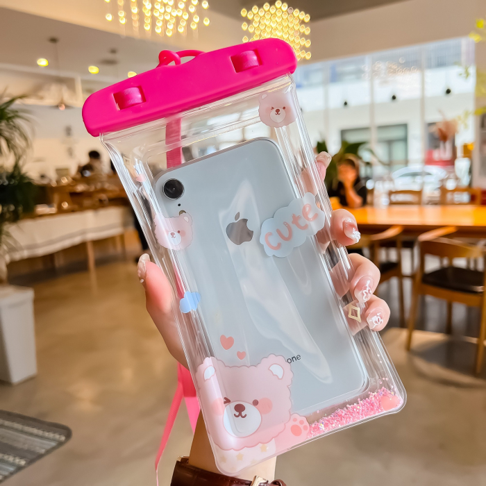Husa subacvatica Glitter Kids Waterproof Flippy, Snowproof, Universala, cu Snur, pentru telefon sau documente, Cute Bear, Roz [2]