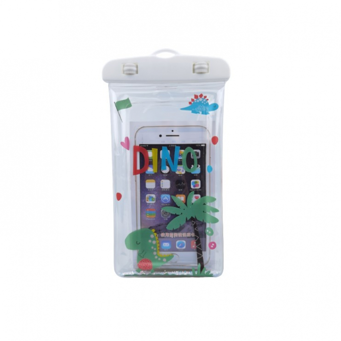 Husa subacvatica Glitter Kids Waterproof Flippy, Snowproof, Universala, cu Snur, pentru telefon sau documente, Dino, Alb [1]