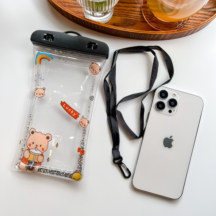 Husa subacvatica Glitter Kids Waterproof Flippy, Snowproof, Universala, cu Snur, pentru telefon sau documente, Lucky Bear, Negru [2]
