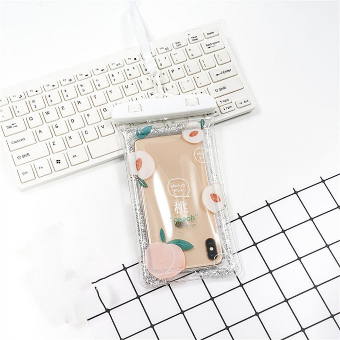 Husa subacvatica Glitter Kids Waterproof Flippy, Snowproof, Universala, cu Snur, pentru telefon sau documente, Peach, Alb [2]